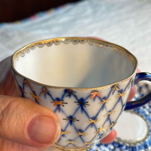VTG Lomonosov Imperial Porcelain Tulip net pattern cobalt blue 22K gold teacup s - Picture 8 of 13